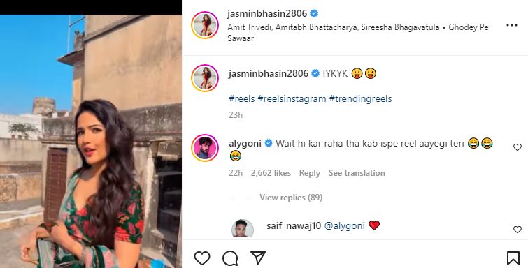 Aly Goni Comment On Jasmin Bhasin Ghodey Par Sawar Reel Is Relatable In