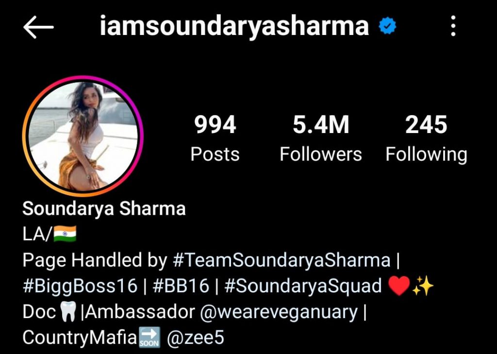 Sondarya Sharma Social Media Handle