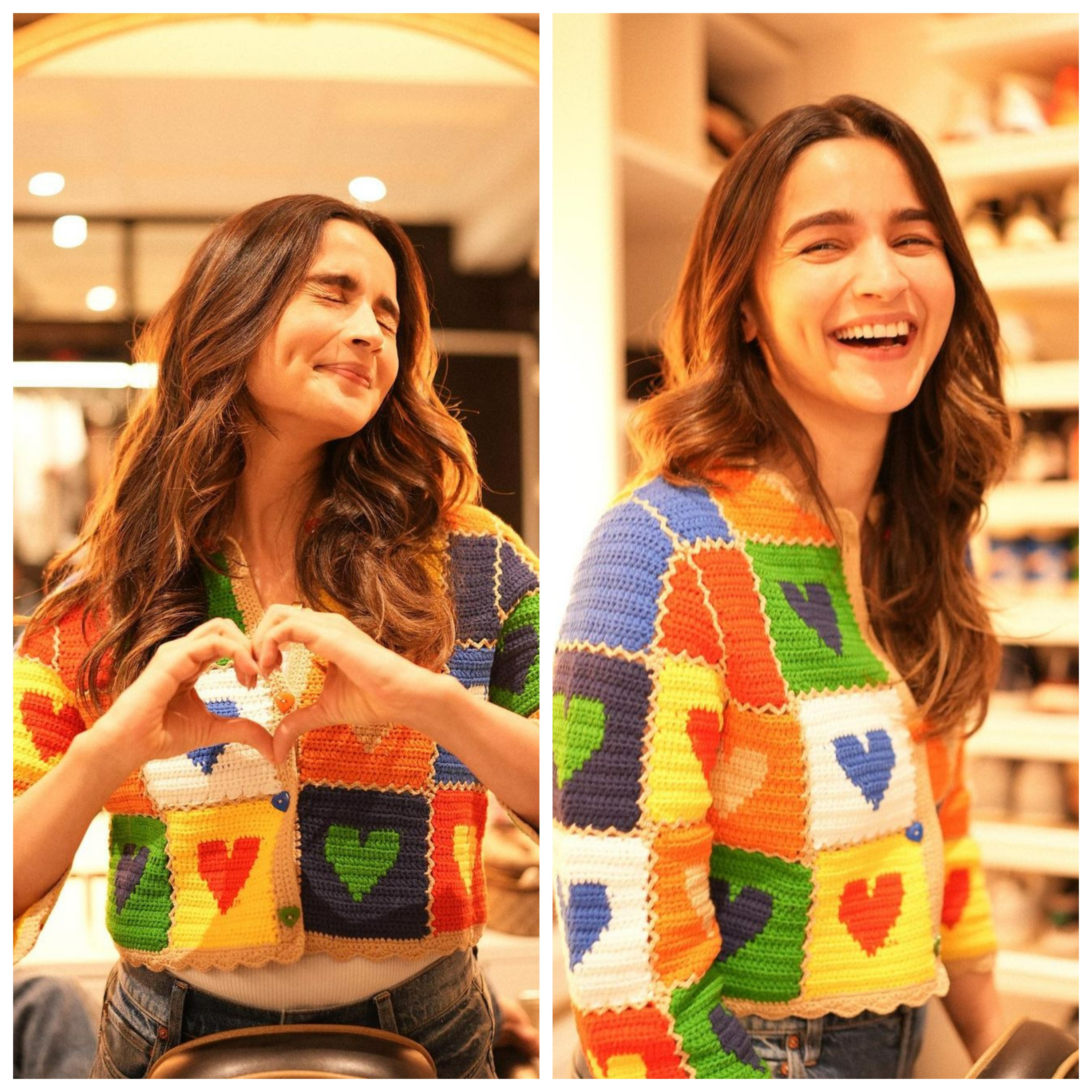 alia bhatt happy pics in multicolor sweater