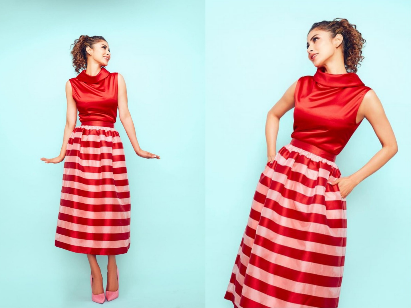Mouni Roy In Red And Pink Striped Skirt and Red Top