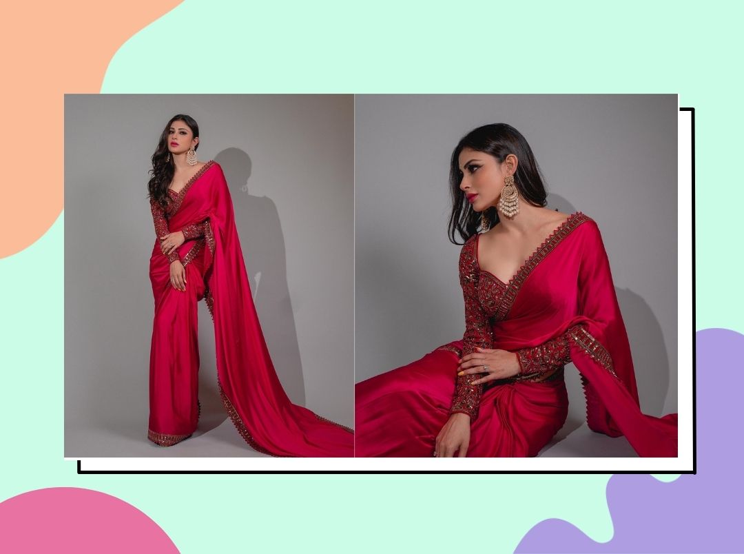 Mouni Roy sizzling pictures in hot blouse and red satin saree in Marathi