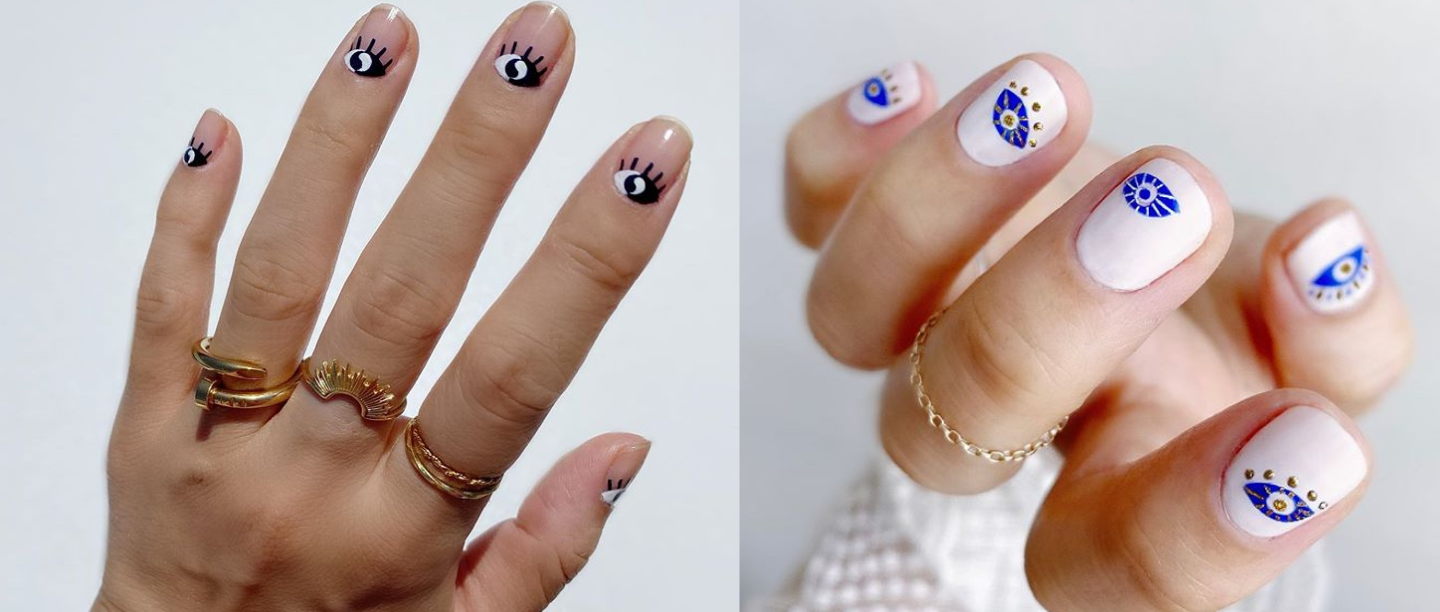 Did minimalistic evil eye 👁️ gel nail art 💅🏻 with chrome rose gold  powder. First time trying coffin shape on my natural nails. : r/Nails
