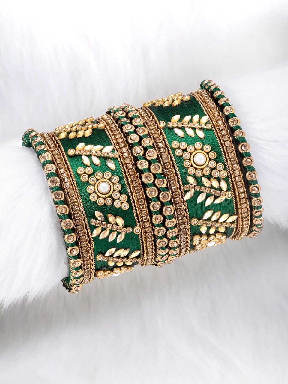 Red And Gold Silk Thread Bangles - Gold-Plated & Green Silk Thread Kundan Bangles