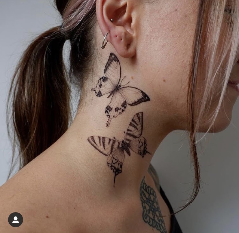 butterfly tattoos on side of neck