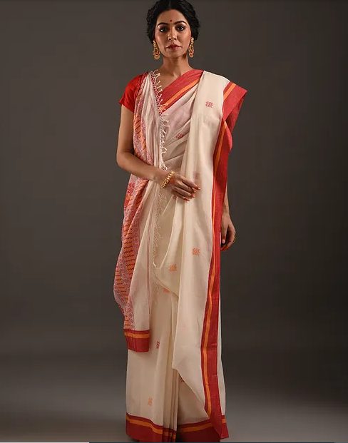 Womens White Red Silk Blend Jacquard Self Design Golden Zari Special B –  classyclub