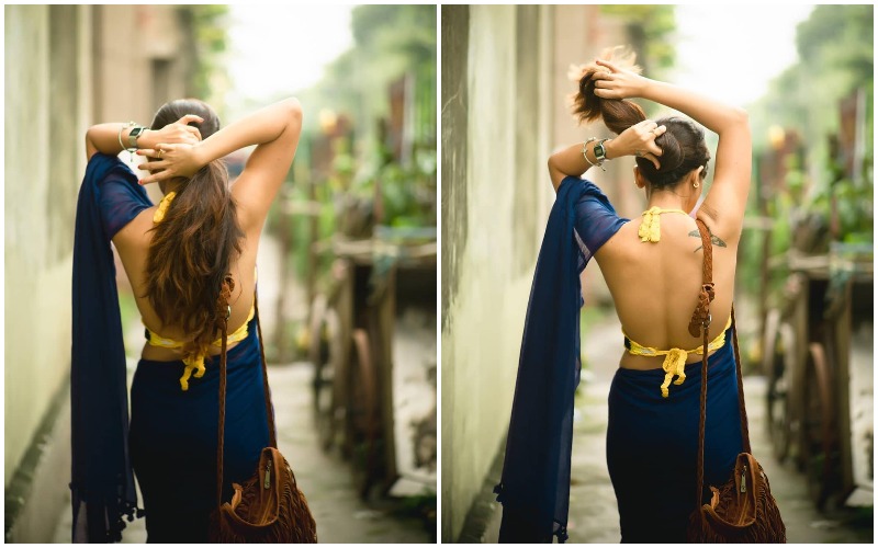 Premium Photo | Back view of young girl wearing red kerala silk saree  generative ai