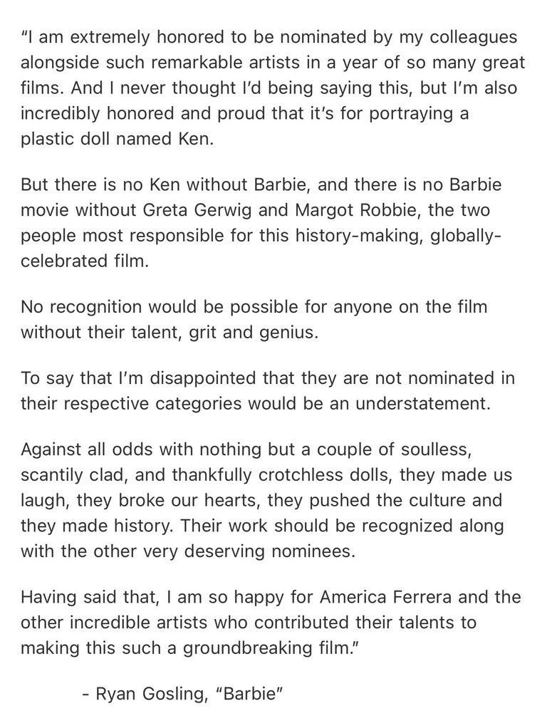 ryan gosling reaction on greta gerwig margot robbie missing from oscar nominations